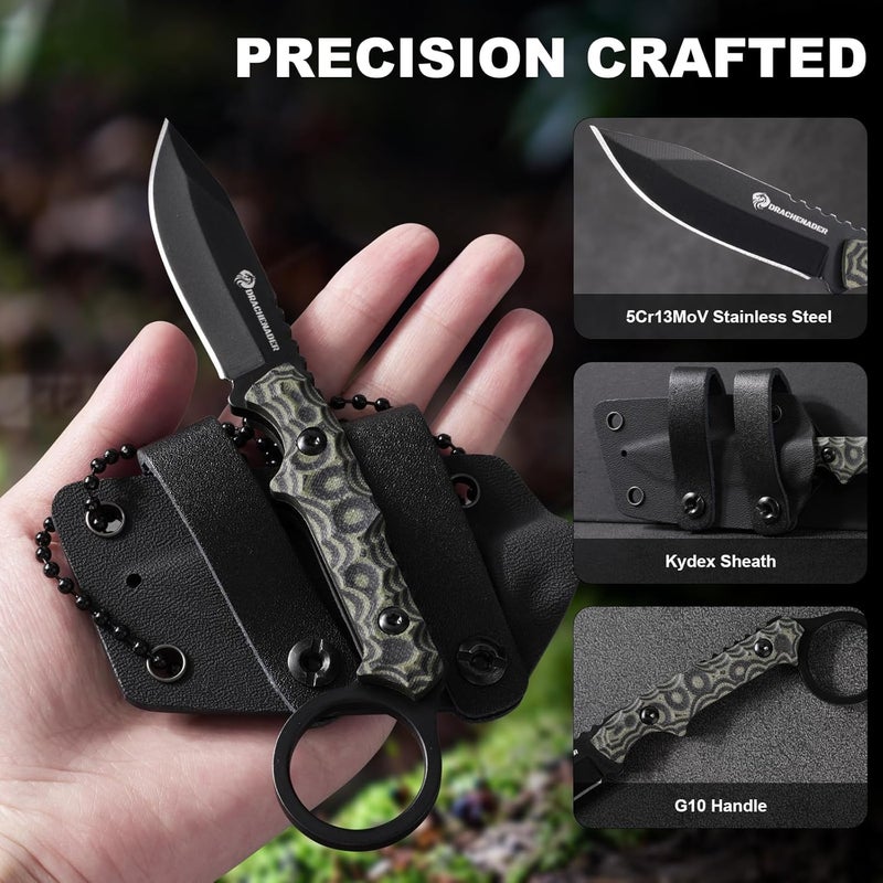 DRACHENADER 7.16" EDC Fixed Blade Knife with G10 Handle, Compact Neck Knife with 5Cr13MoV Steel Blade, Durable Kydex Sheath, and Horizontal Carry Option - Image 2